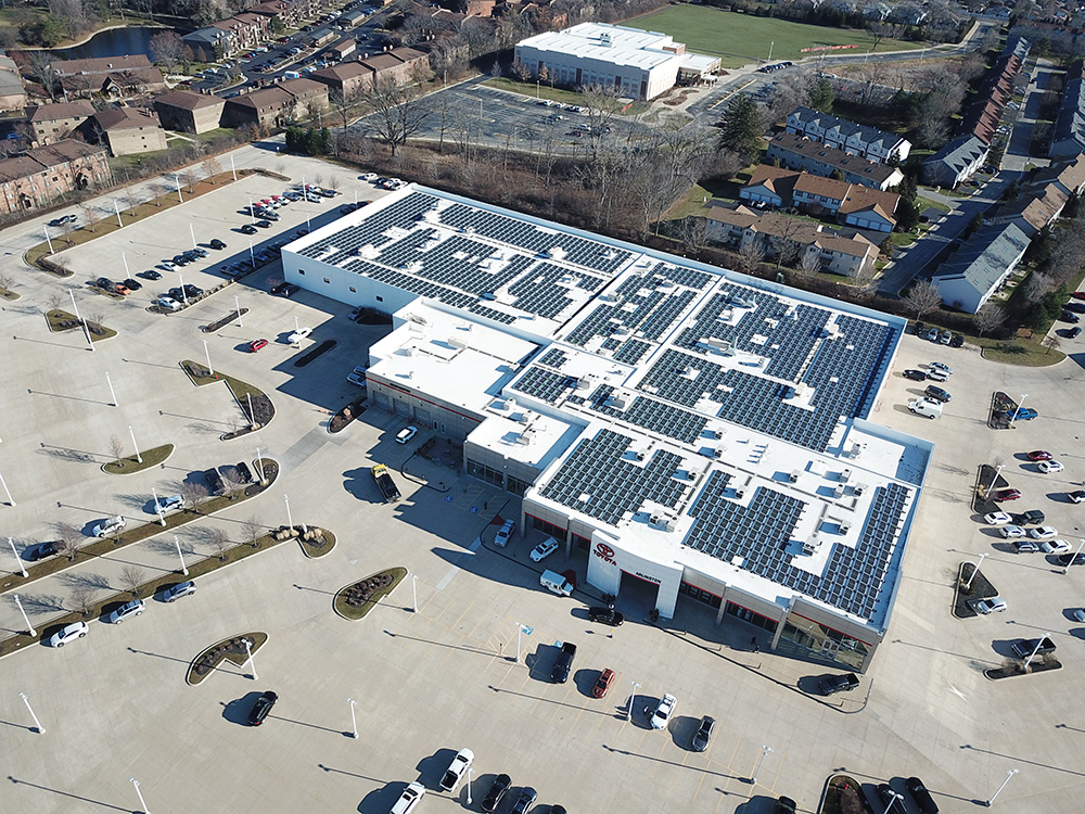 Aerial view Arlington Toyota Palatine Illinois solar array rooftop 641 kW ComEd Cook County net metering